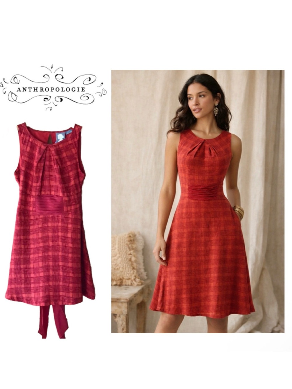 🍑🥀 Anthropologie Girls from Savoy
Red Plaid 100% Silk Bow Back Dress Sz 10